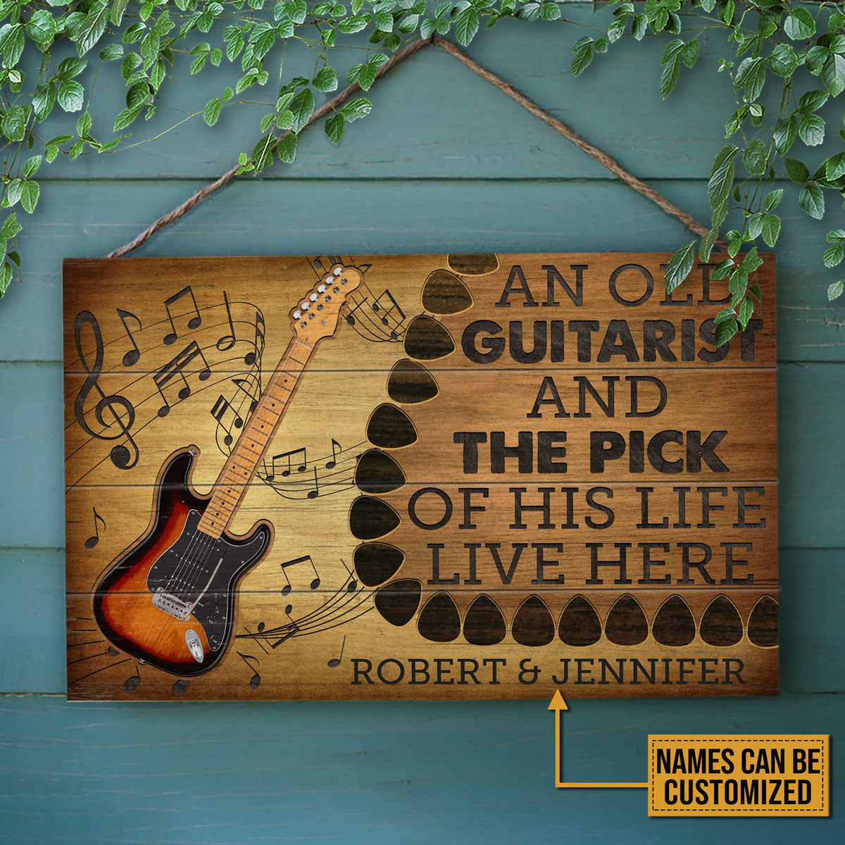 Personalized Guitar Old Couple Live Here Customized Wood Rectangle Sign