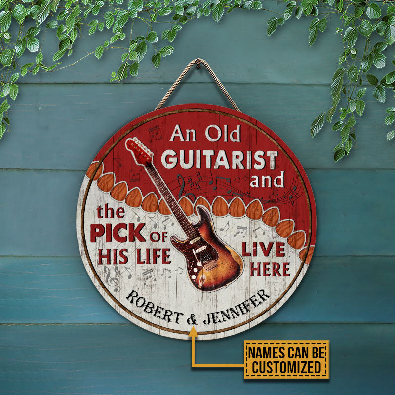 Personalized Guitar Old Couple Live Here Red Customized Wood Circle Sign