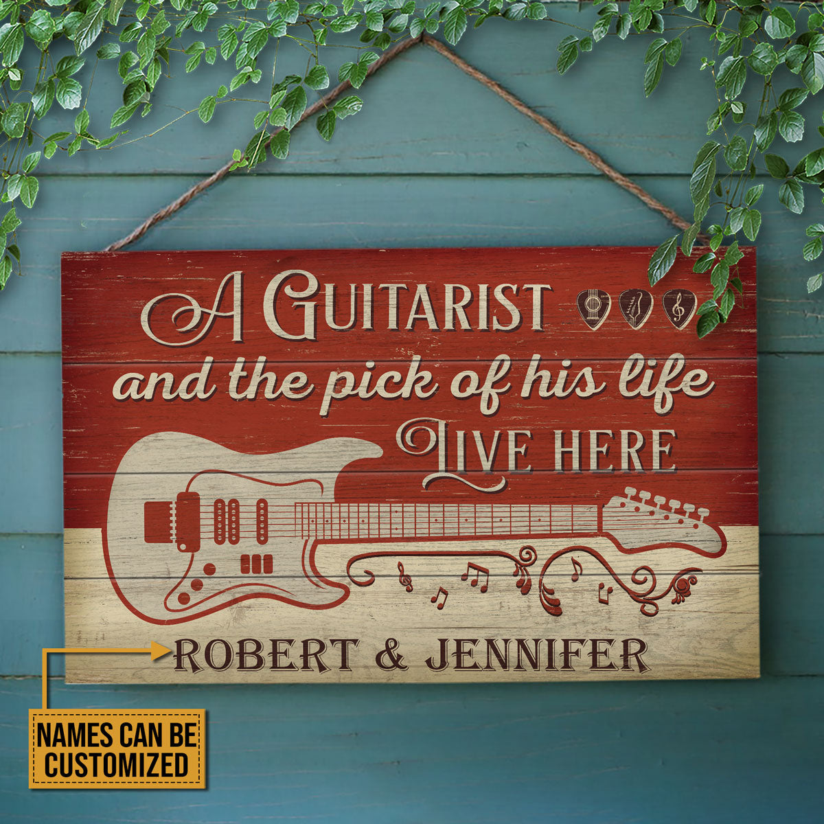 Personalized Guitar Red Old Couple Live Here Customized Wood Rectangle Sign