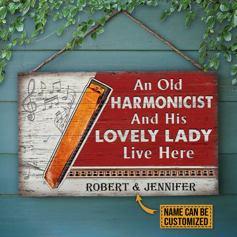 Personalized Harmonica Old Couple Live Here Customized Wood Rectangle Sign