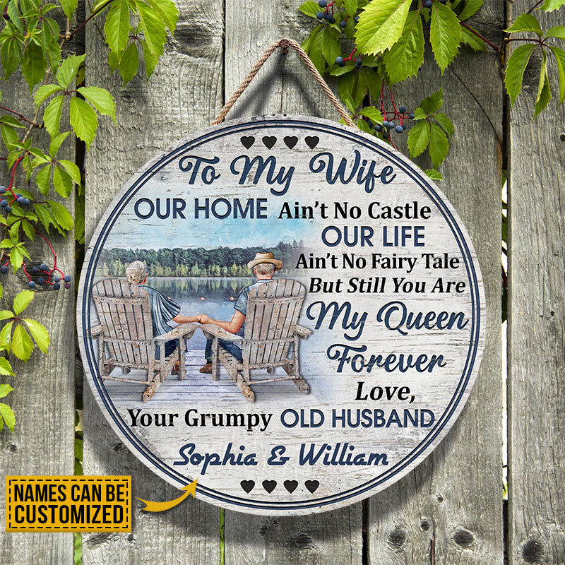 Personalized Lake Old Couple Our Home Ain't No Castle Custom Wood Circle Sign