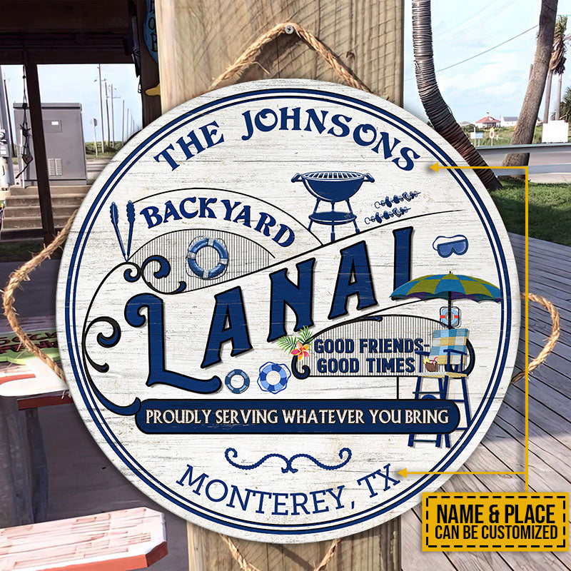 Personalized Lanai Hot Tub Grilling Proudly Serving Custom Wood Circle Sign