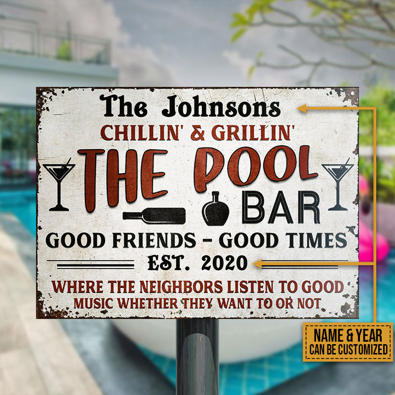 Personalized Pool Bar Chillin And Grillin Red Custom Classic Metal Signs