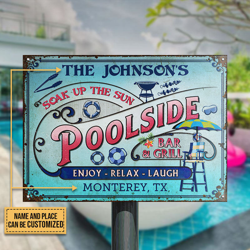 Personalized Pool Bar & Grill Pink And Blue Custom Classic Metal Signs