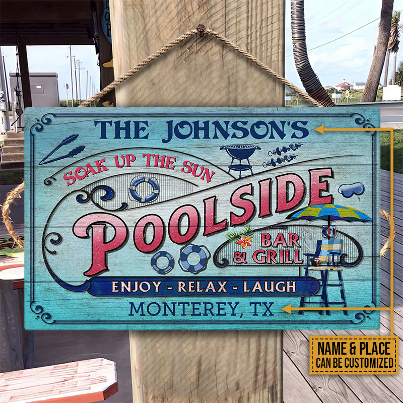 Personalized Pool Bar & Grill Pink And Blue Custom Wood Rectangle Sign