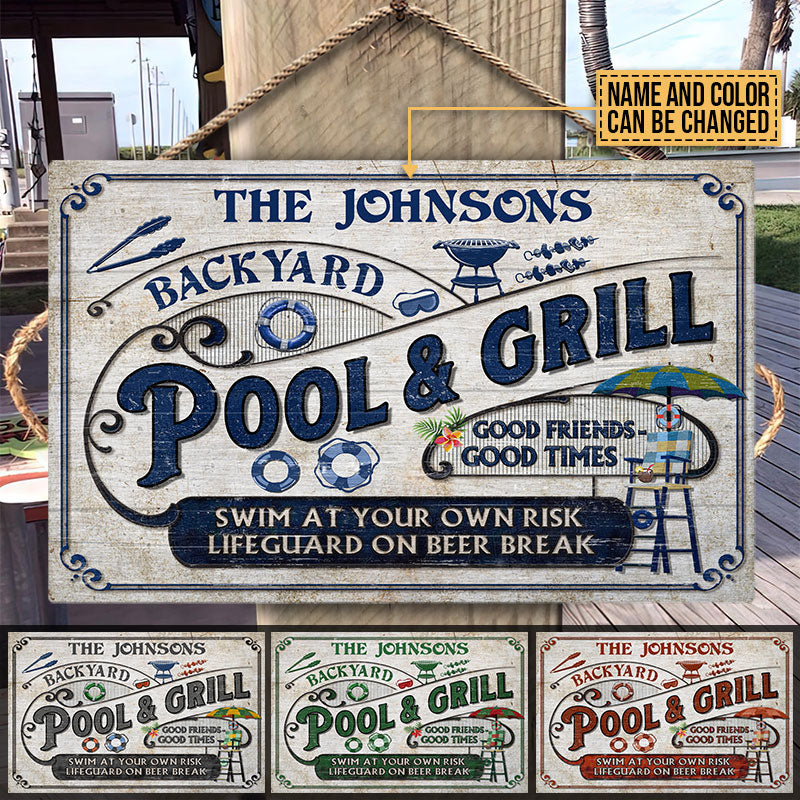 Personalized Pool Grilling Backyard At Your Own Risk Color Custom Wood Rectangle Sign