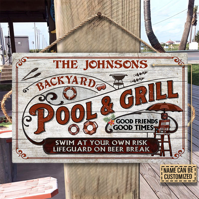 Personalized Pool Grilling Backyard At Your Own Risk Red Custom Wood Rectangle Sign