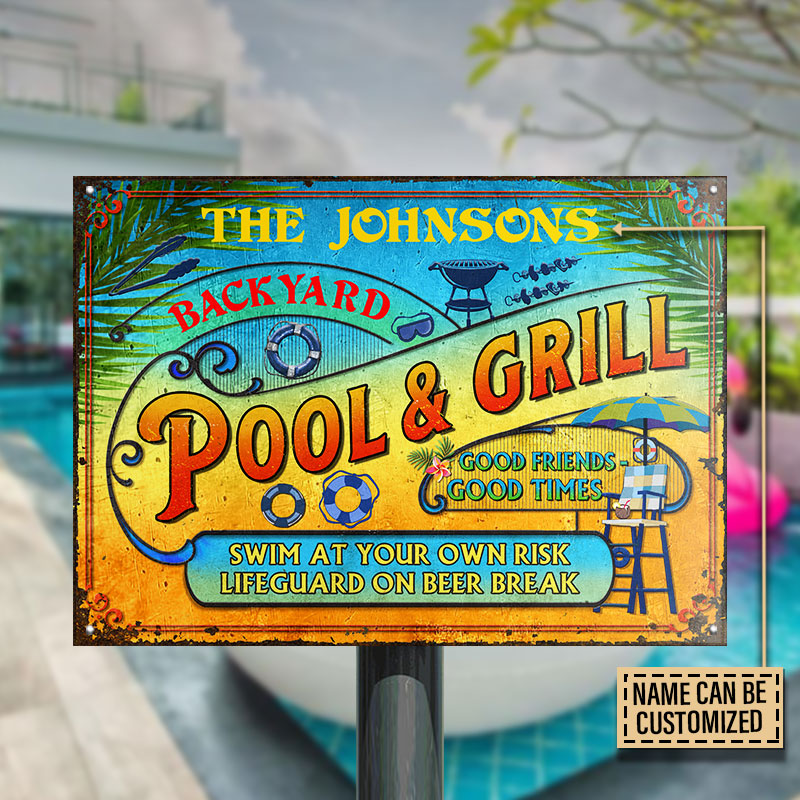 Personalized Pool Grilling Backyard At Your Own Risk Summer Custom Classic Metal Signs