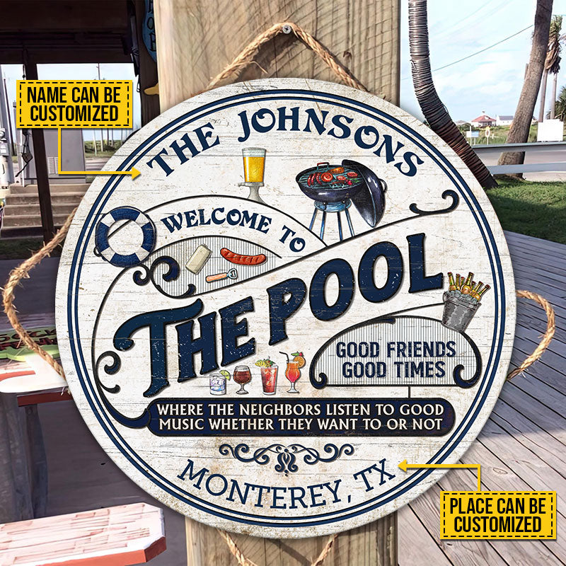 Personalized Pool Grilling Blue Listen To The Good Music Custom Wood Circle Sign