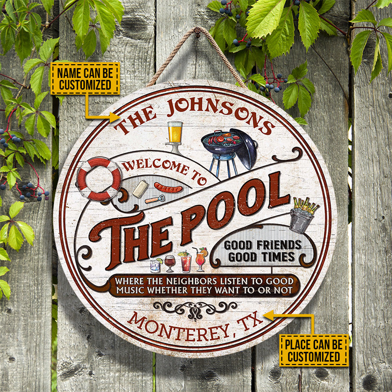 Personalized Pool Grilling Red Listen To The Good Music Custom Wood Circle Sign