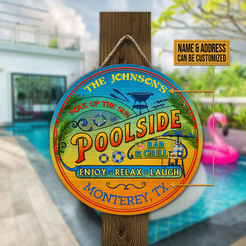 Personalized Pool Summer Vibe Bar & Grill Custom Wood Circle Sign