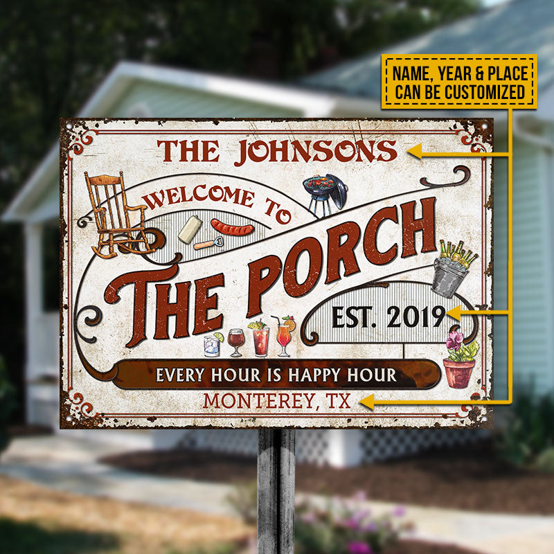 Personalized Porch Grilling Red Happy Hour Custom Classic Metal Signs