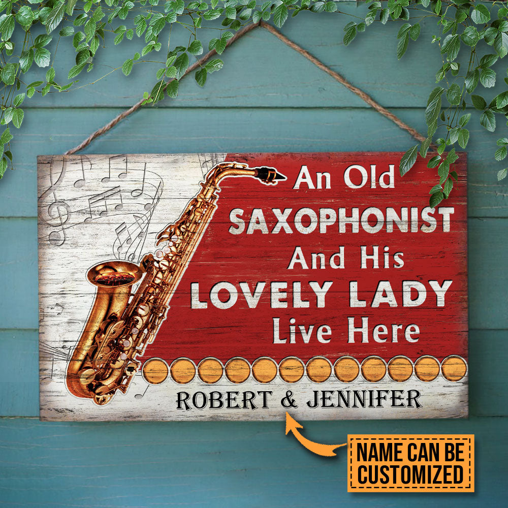 Personalized Saxophone Old Couple Live Here Red Customized Wood Rectangle Sign