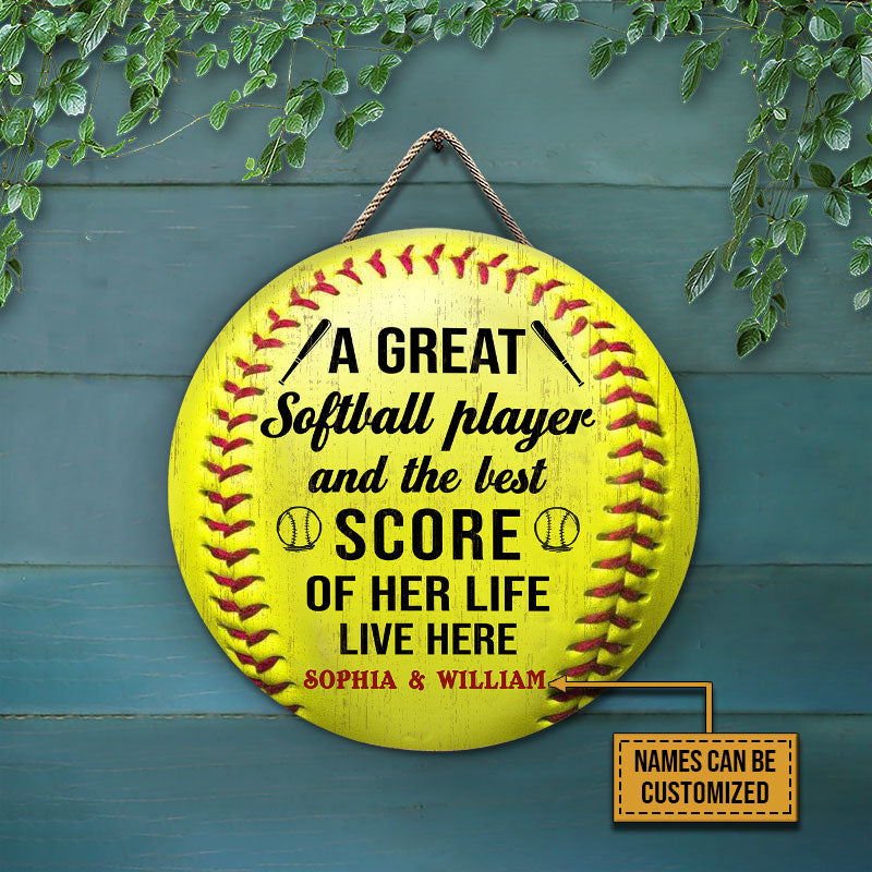 Personalized Softball Couple Live Here Customized Wood Circle Sign