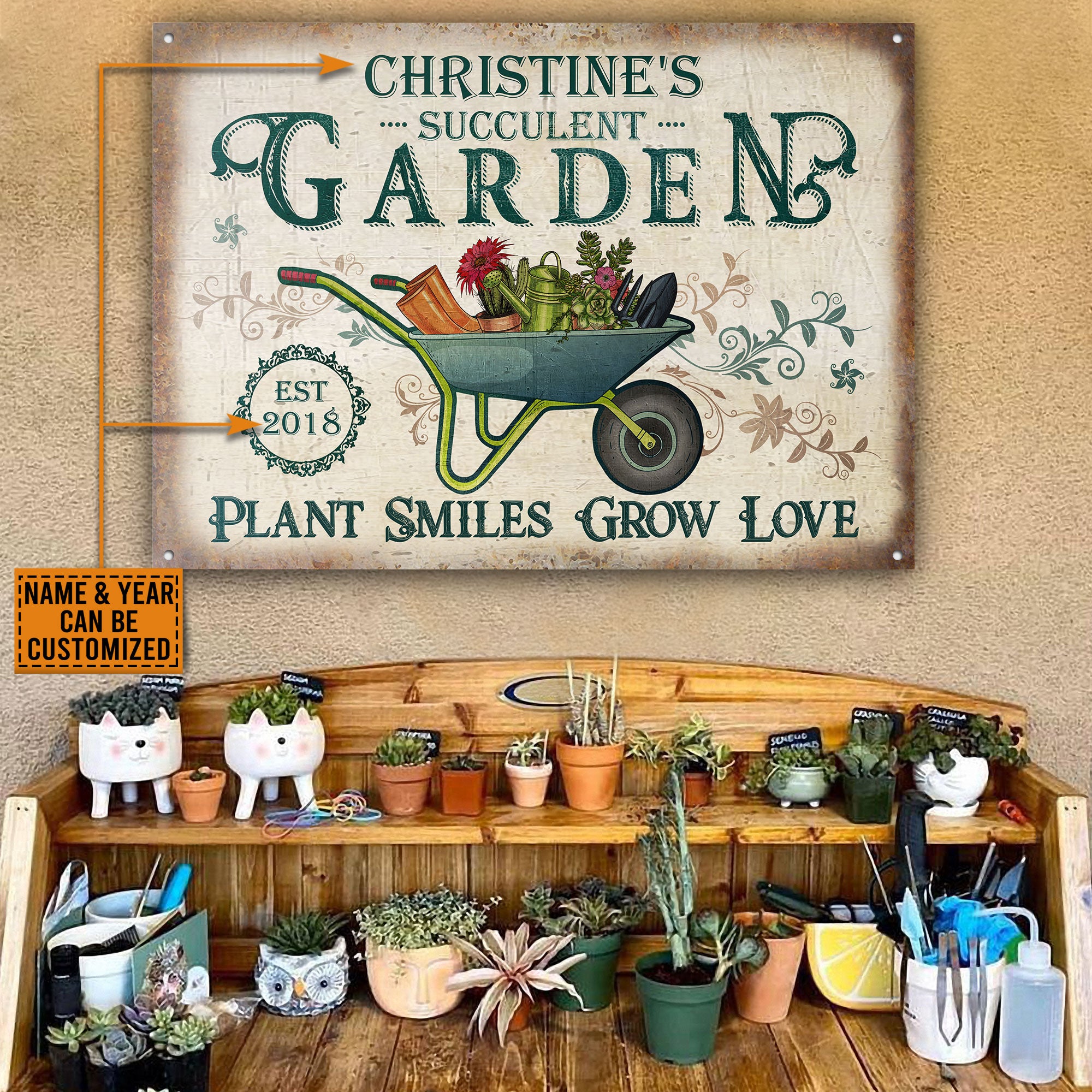 Personalized Succulent Garden Plant Smiles Grow Love Customized Classic Metal Signs
