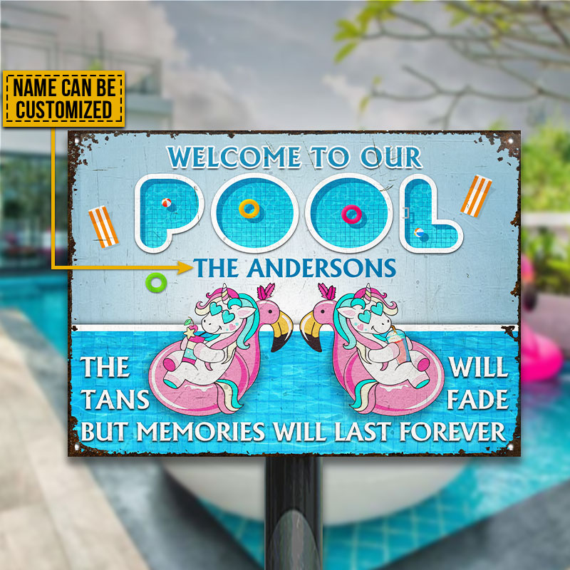 Personalized Unicorn Swimming Pool Tan Will Fade Custom Classic Metal Signs