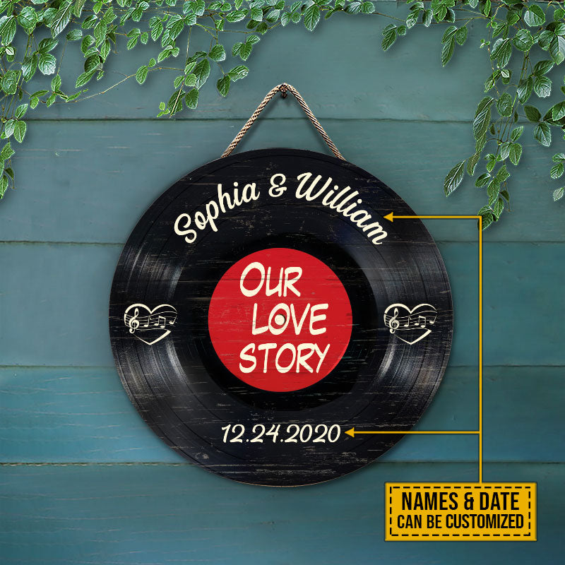 Personalized Vinyl Disc Couple Our Love Story Custom Wood Circle Sign