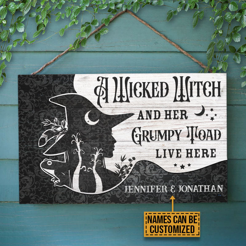 Personalized Witch Grumpy Toad Live Here Black Customized Wood Rectangle Sign