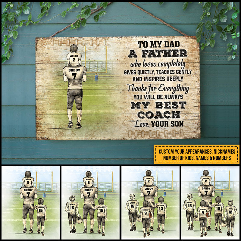 Personalized American Football Dad And Child My Best Coach Custom Wood Rectangle Sign