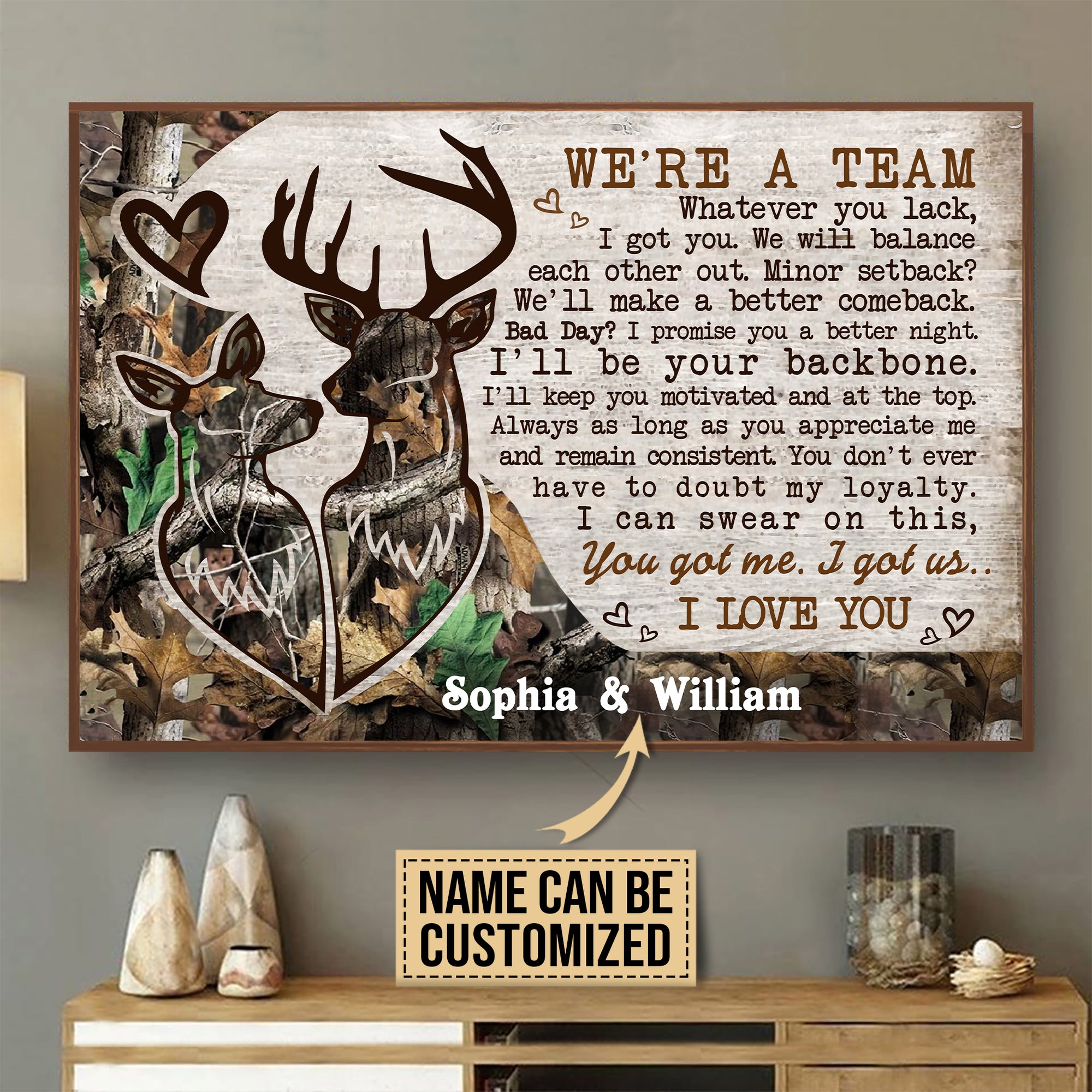 Personalized Deer Couple Camo We're A Team Poster