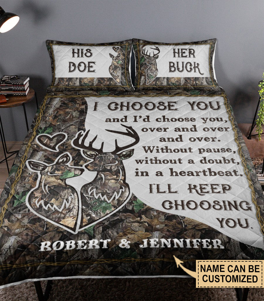 Personalized Deer Keep Choosing Couple Camo Quilt Bedding