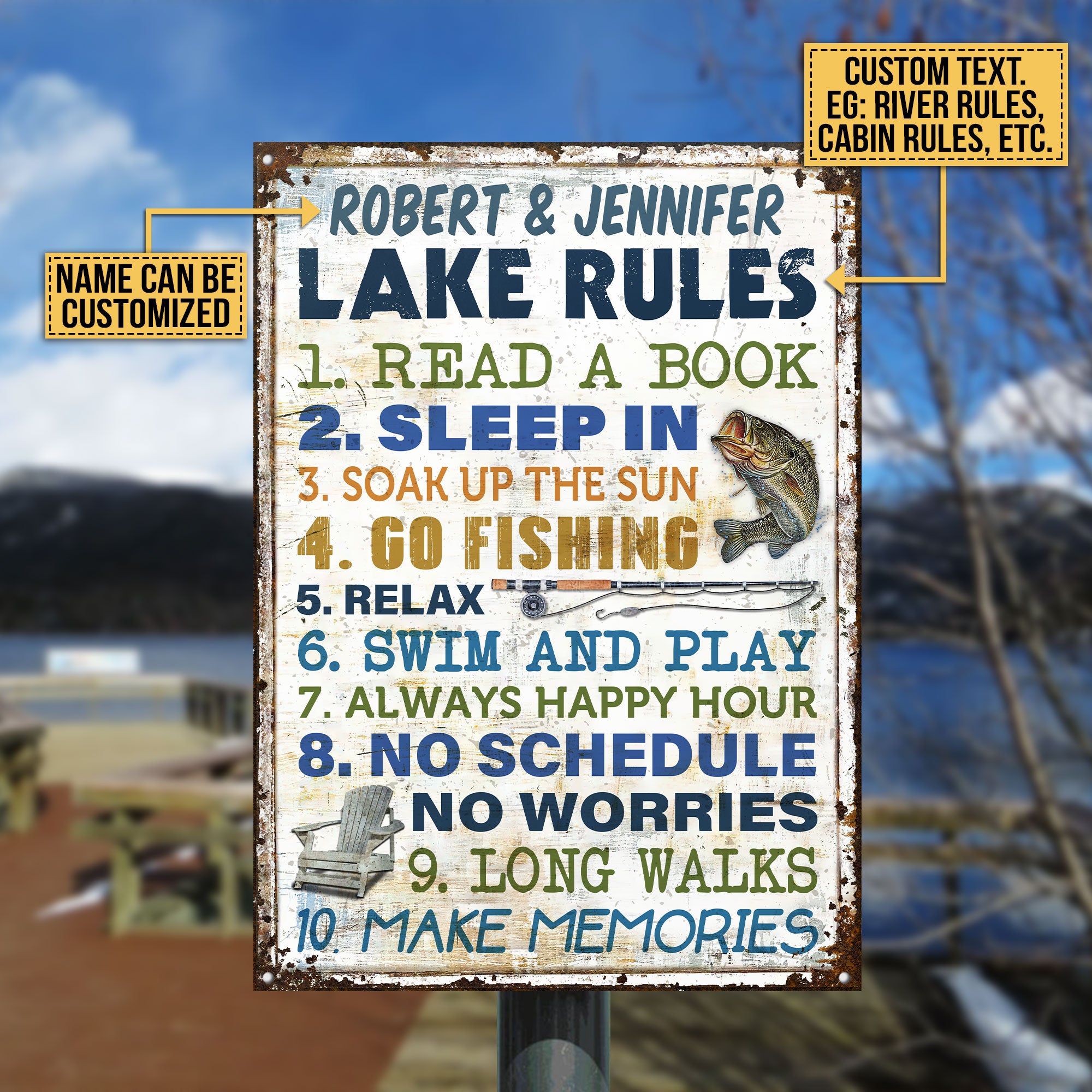 Personalized Fishing 10 Lake Rules Customized Classic Metal Signs - Wander  Prints™