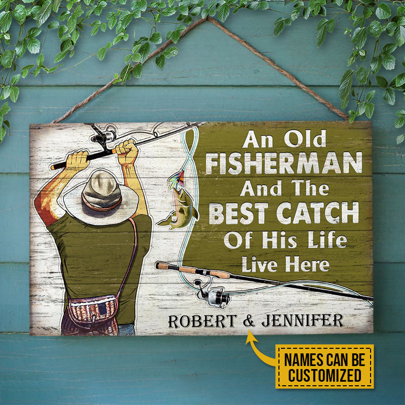 Personalized Fishing Old Couple Live Here Customized Wood Rectangle Sign