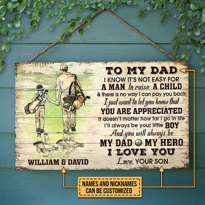 Personalized Golf Dad And Son My Dad My Hero Customized Wood Rectangle Sign