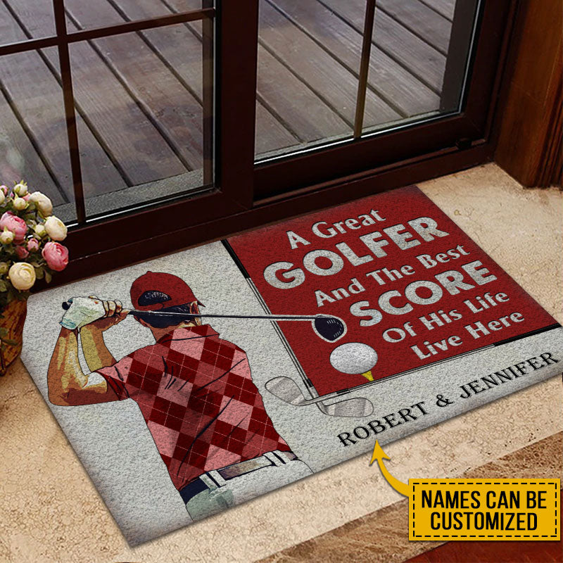 Personalized Golf Red Couple Golfer Best Score Live Customized Doormat