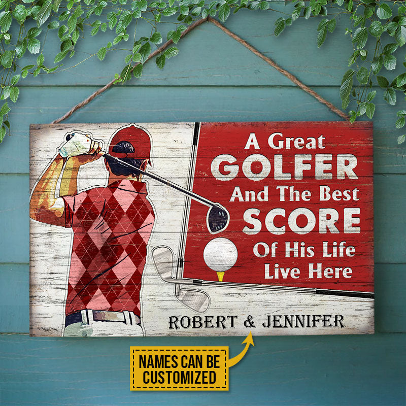 Personalized Golf Red Couple Golfer Best Score Live Customized Wood Rectangle Sign