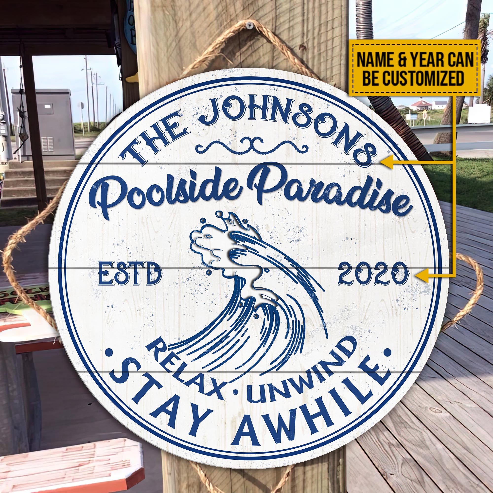 Personalized Swimming Poolside Paradise Customized Wood Circle Sign