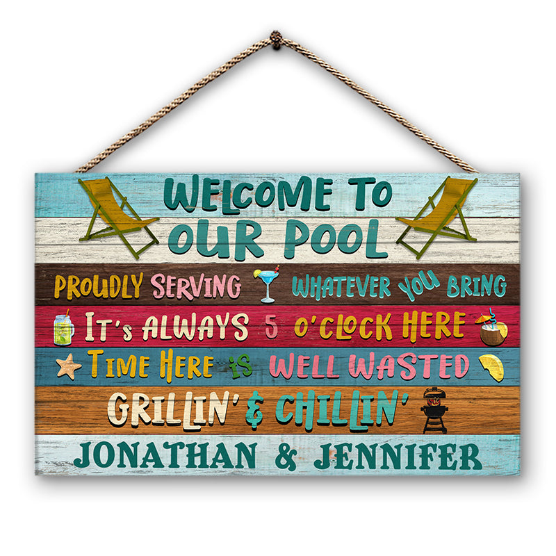 Proudly Serving Whatever - Swimming Pool Decor - Personalized Custom Wood Rectangle Sign