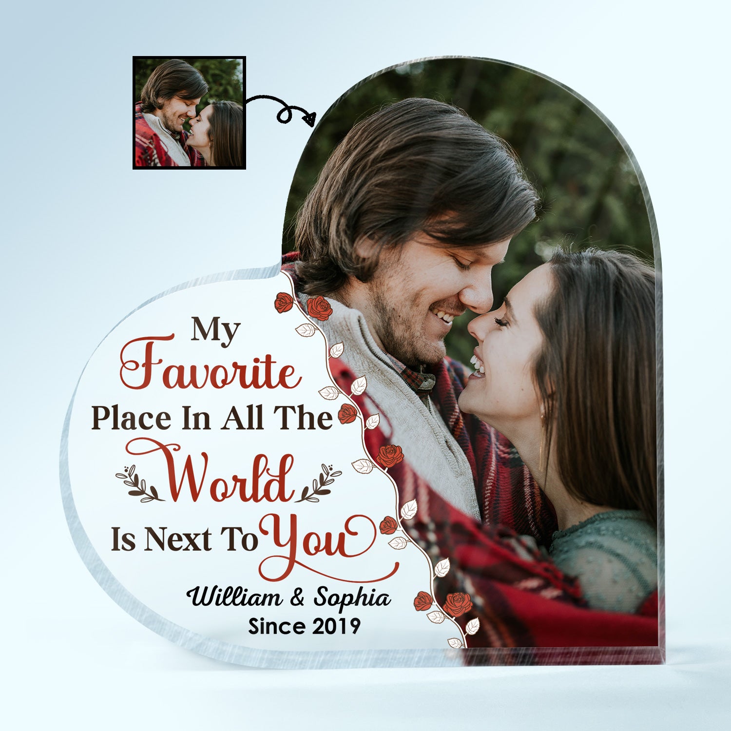 Custom Photo My Favorite Place In All The World - Anniversary Gift For Couple - Personalized Custom Heart Shaped Acrylic Plaque