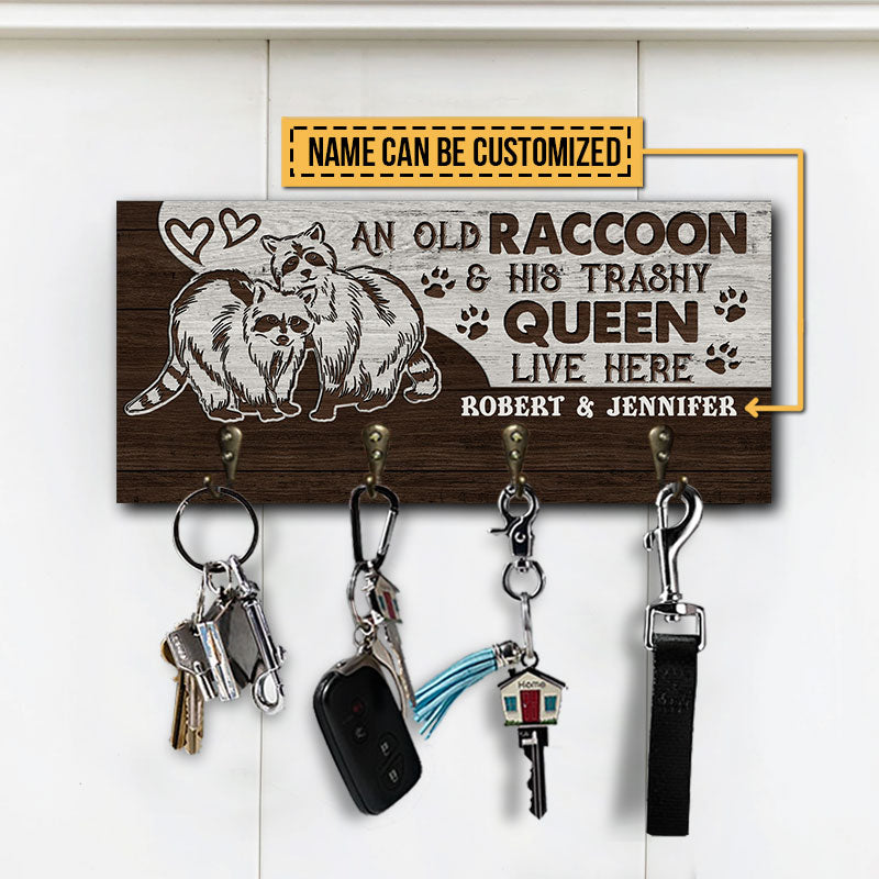 Raccoon Couple Trashy Queen Live Here Personalized Custom Wood Key Holder