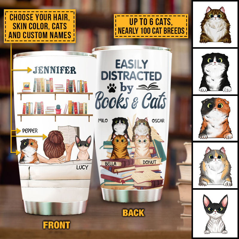 Reading Book, Kitten, Cat Lady Easily Distracted By Books And Cats Custom Tumbler