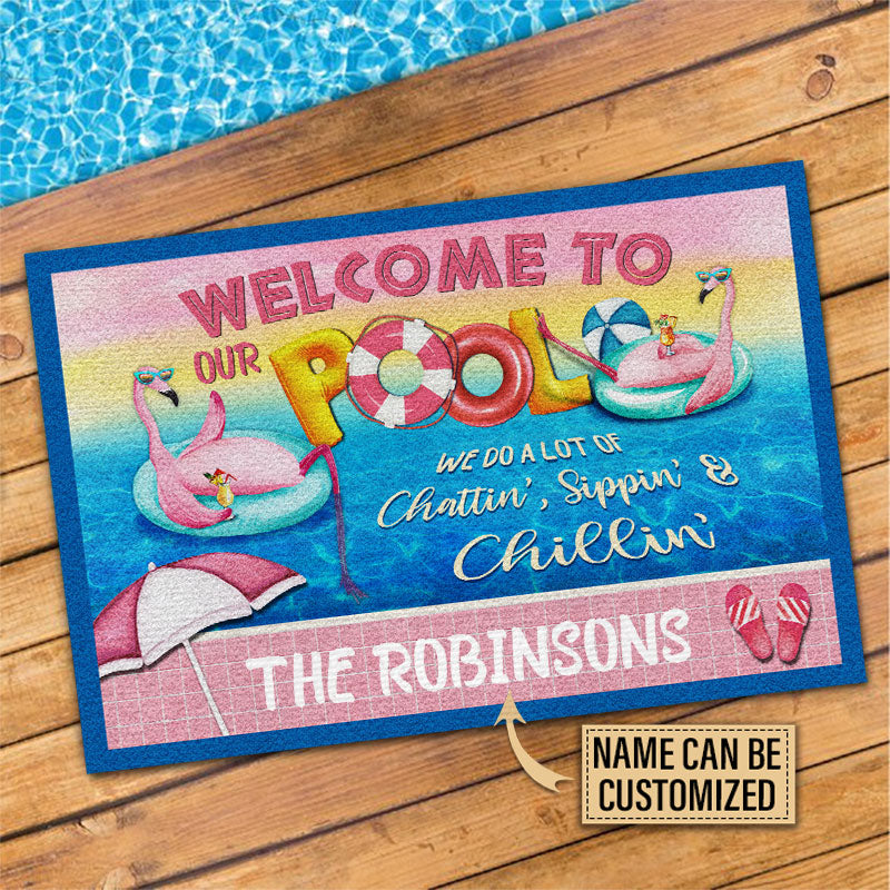 Swimming Pool Flamingo Chatting, Sipping & Chilling Custom Doormat