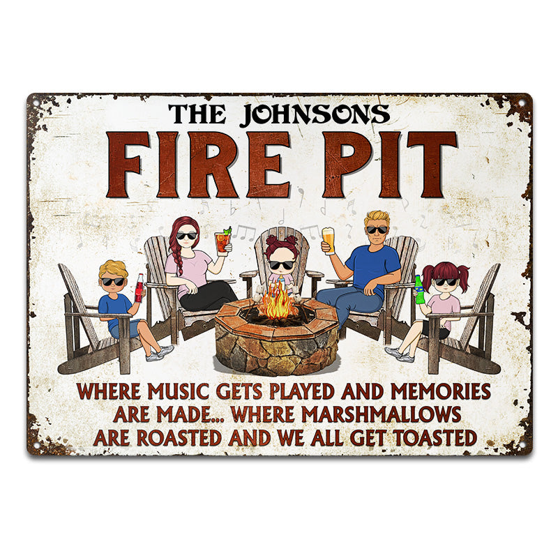 Fire Pit Where Music Gets Played Camping Family - Backyard Sign - Personalized Custom Classic Metal Signs