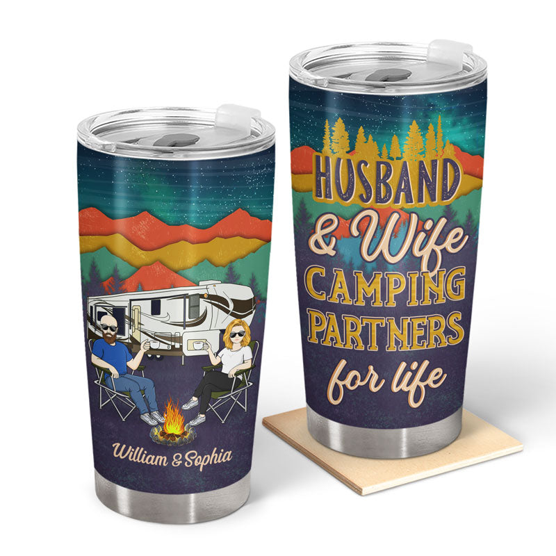 Husband And Wife Camping Partners For Life Mountain - Gift For Couples - Personalized Custom Tumbler
