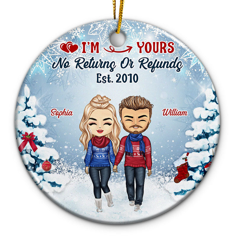 Christmas Chibi Couple I'm Yours No Returns Or Refunds Husband And Wife - Christmas Gift For Couples - Personalized Custom Circle Ceramic Ornament