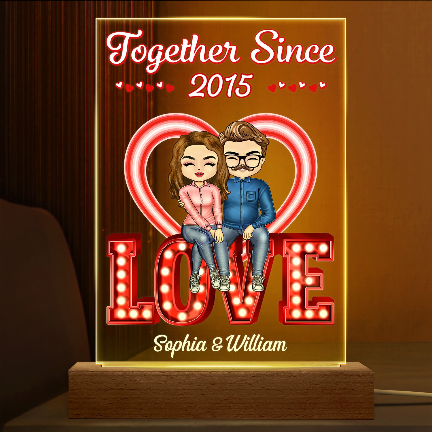 Together Since - Anniversary, Birthday Gift For Spouse, Lover, Husband, Wife, Boyfriend, Girlfriend, Couple - Personalized Custom 3D Led Light Wooden Base