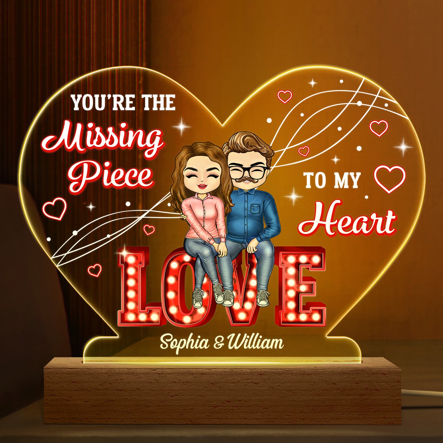 You Are The Missing Piece To My Heart - Anniversary, Birthday Gift For Spouse, Lover, Husband, Wife, Boyfriend, Girlfriend, Couple - Personalized Custom 3D Led Light Wooden Base