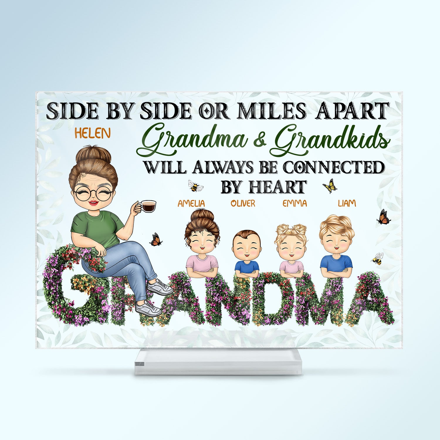 Grandma Side By Side Or Miles Apart - Birthday, Loving Gift For Grandmother, Nana, Mom, Mother - Personalized Custom Horizontal Rectangle Acrylic Plaque