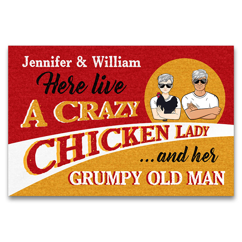 Here Live A Crazy Chicken Lady - Gift For Senior Couples - Personalized Custom Doormat