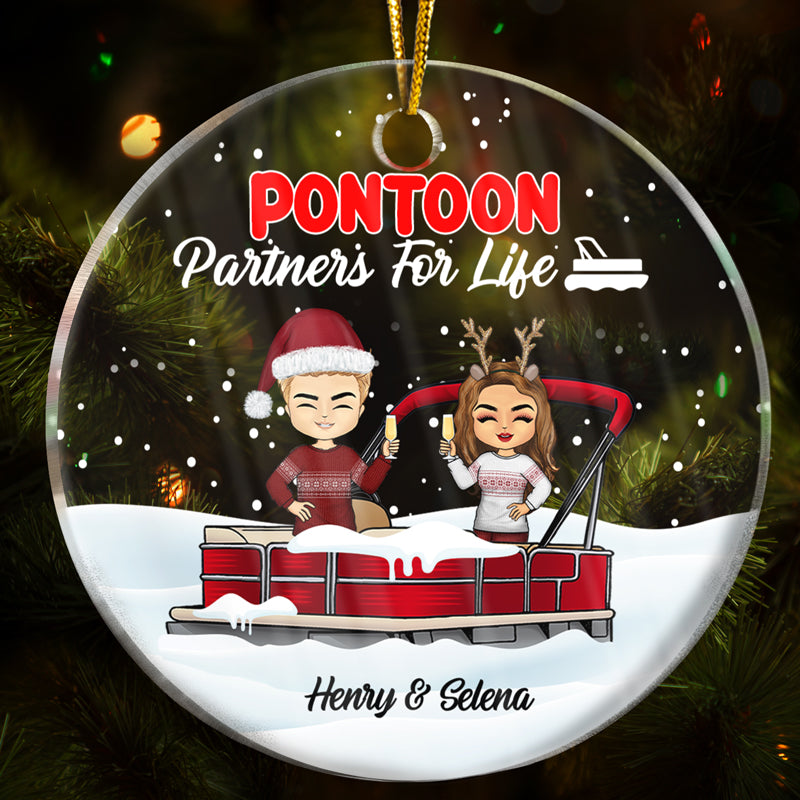 Christmas Pontoon Couple Pontoon Partners For Life - Personalized Custom Circle Acrylic Ornament