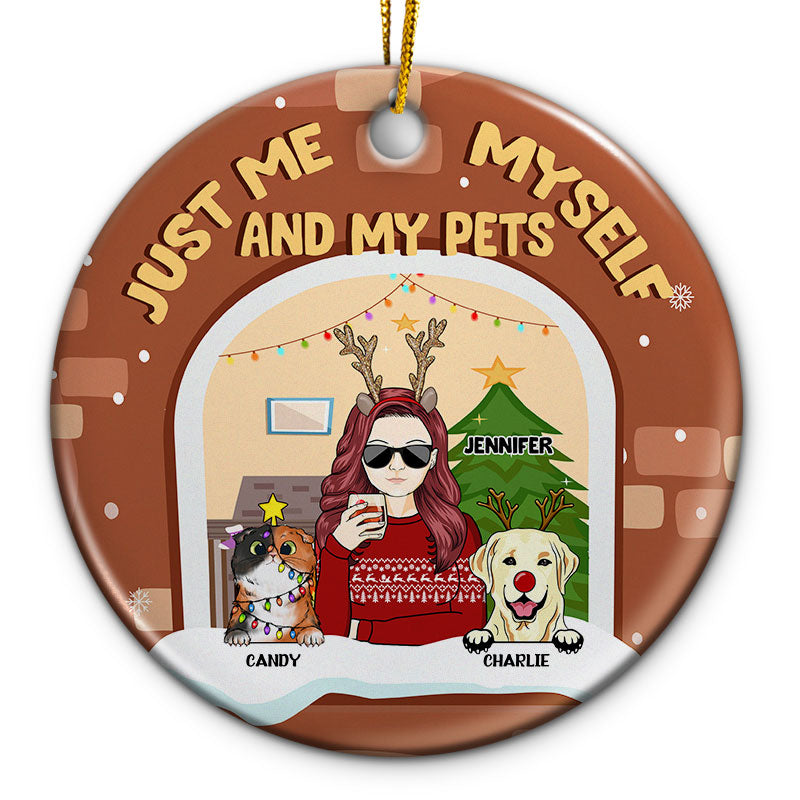 Christmas Pet Lovers Family Just Me, Myself And The Dogs - Personalized Custom Circle Ceramic Ornament