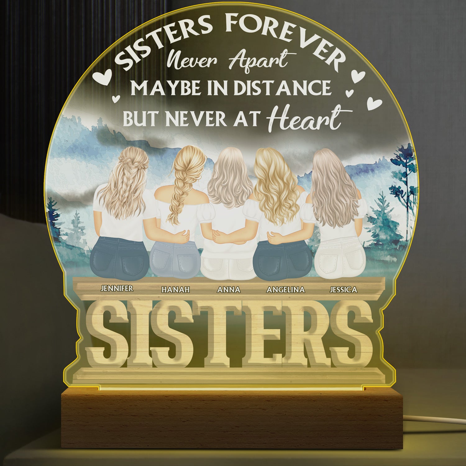 Sisters Forever Never Apart - Gift For Sisters And Best Friends - Personalized Custom 3D Led Light Wooden Base