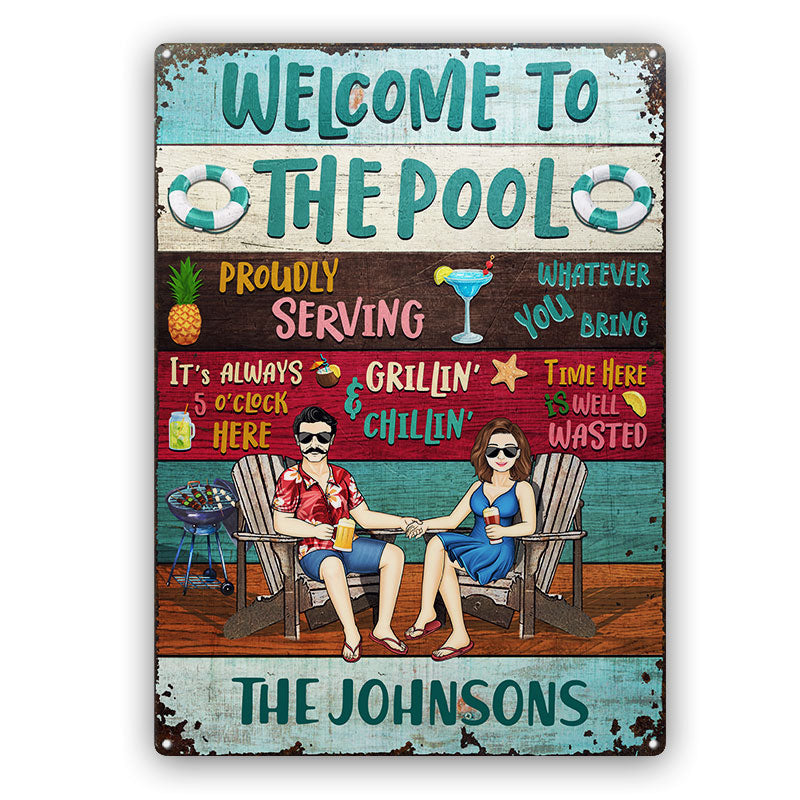 Swimming Pool Proudly Serving Whatever You Bring - Gift For Couples - Personalized Custom Classic Metal Signs