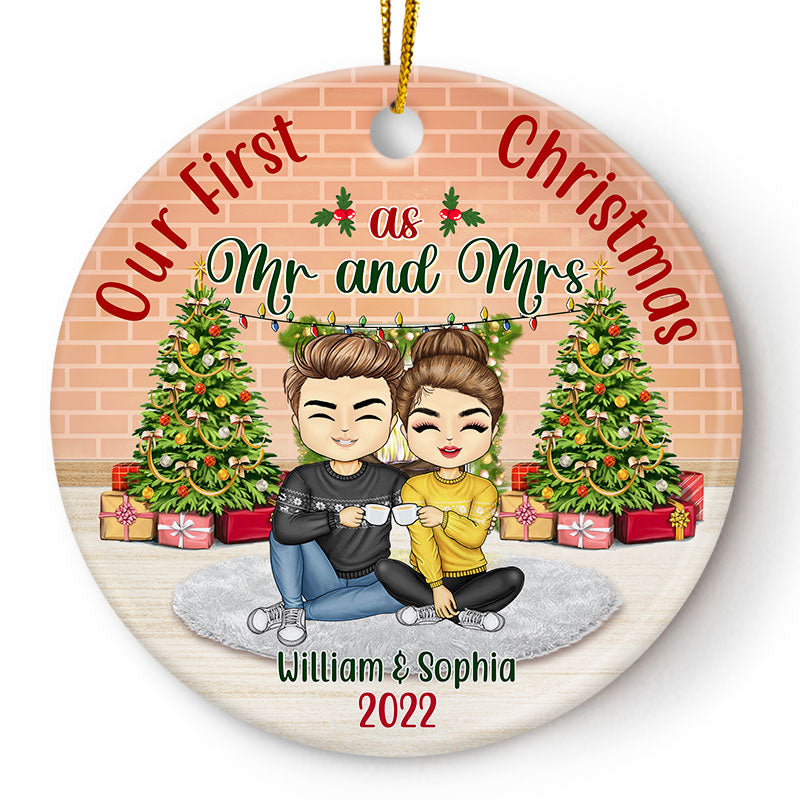 Husband Wife Our First Christmas As Mr And Mrs - Christmas Gift For Couple - Personalized Custom Circle Ceramic Ornament
