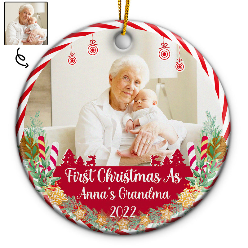 Custom Photo First Christmas As Grandpa Grandma - Christmas Gift For Family - Personalized Custom Circle Ceramic Ornament