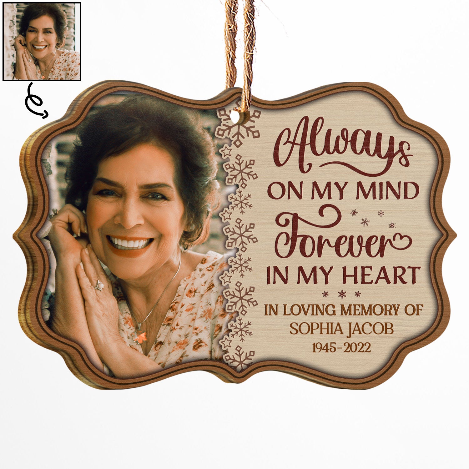 Custom Photo Always On My Mind Forever In My Heart - Memorial Gift For Family - Personalized Wooden Ornament
